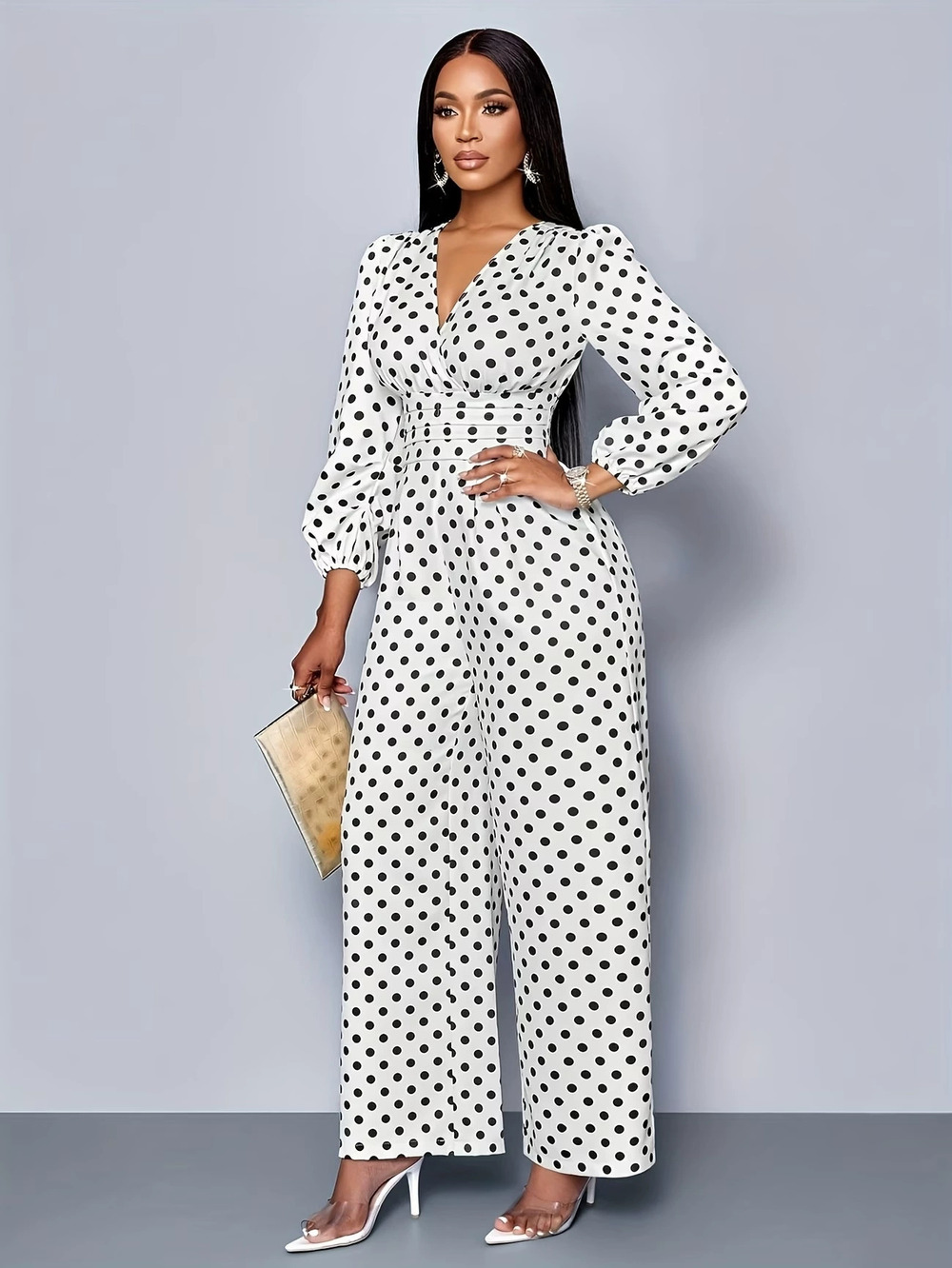 ZARA Spring Autumn Puff Sleeve Polka Dot Collar Slim Wide Leg Jumpsuit
